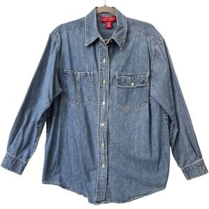 Limited Jeans Denim Shirt Womens M OVERSIZED Shacket Vtg 90s Pockets Distressed
